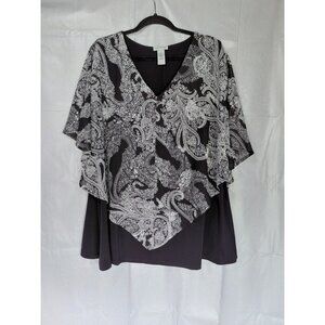 Catherine's Paisley Floral Poncho Blouse 1X Black & White Sheer Layer Whimsigoth